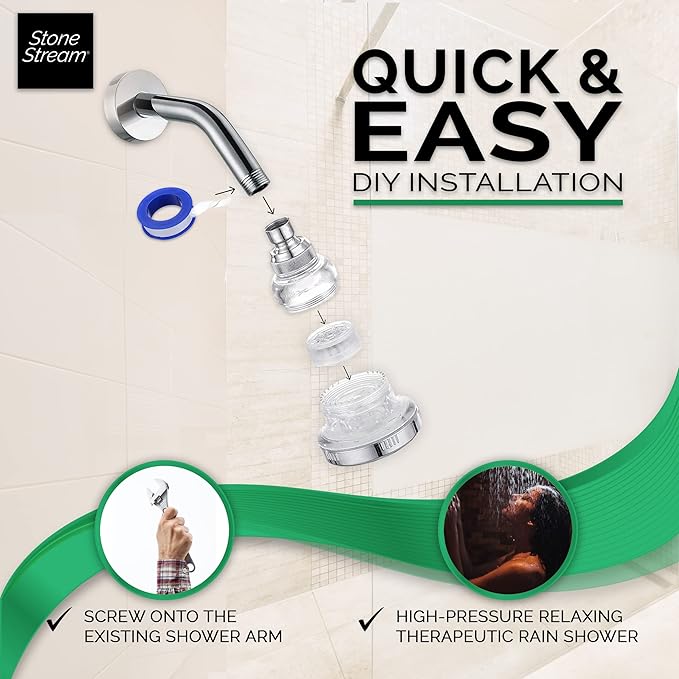 Original StoneStream Filtered Wall Showerhead for Hard Water with Soft Water Filter, High Pressure Multi-Functional Water Saving Showerhead with 3 Spray Settings