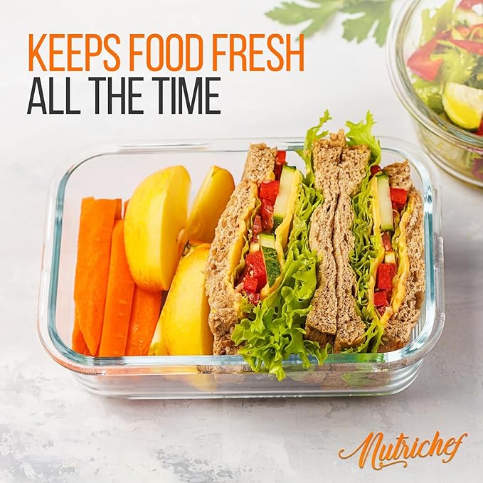 Nutrichef 10-Piece Glass Food Containers - Stackable Superior Glass Meal-prep Storage Containers, Newly Innovated Leakproof Locking Lids w/Air Hole, Freezer-to-Oven-Safe (Red)-FlexoryFit