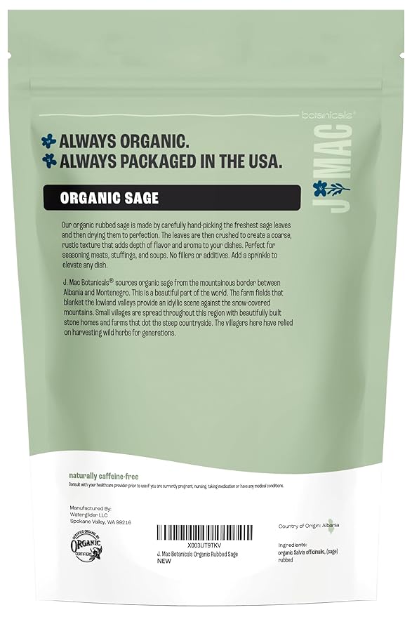 J Mac Botanicals, Organic Rubbed Sage (4 oz), Certified USDA Organic, Dried Rubbed Sage Leaf. Culinary Grade-excellent for sausage making, fresh Albanian harvest-FlexoryFit