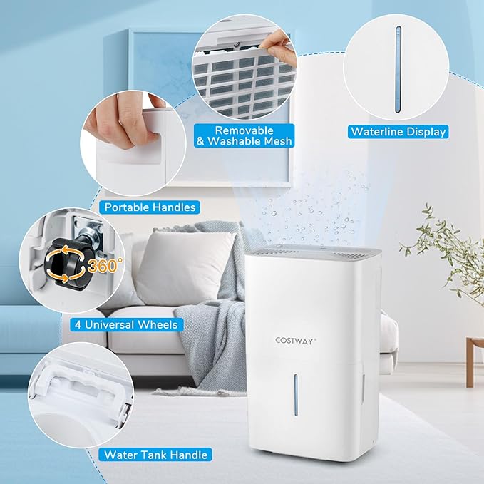 COSTWAY 94.5 Pints Energy Star Dehumidifier, 6000 Sq.Ft Portable Large Home Dehumidifier for Basements with 2 Modes & 3 Fan Speeds, 1.4 Gallon Tank