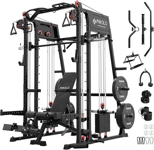 Mikolo Smith Machine, 2200lbs Squat Rack with LAT-Pull Down System & Cable Crossover Machine, Training Equipment with Leg Hold-Down Attachment-FlexoryFit