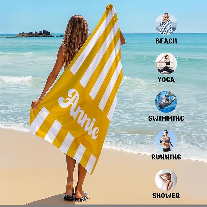 JML Personalized Beach Towel with Name, Custom Cabana Stripe Beach Towel, Customized Microfiber Pool Towel, Quick Dry & Absorbent Swim Towel for Adult,Mother's Day, Birthday, Summer Holiday,Vacation-FlexoryFit