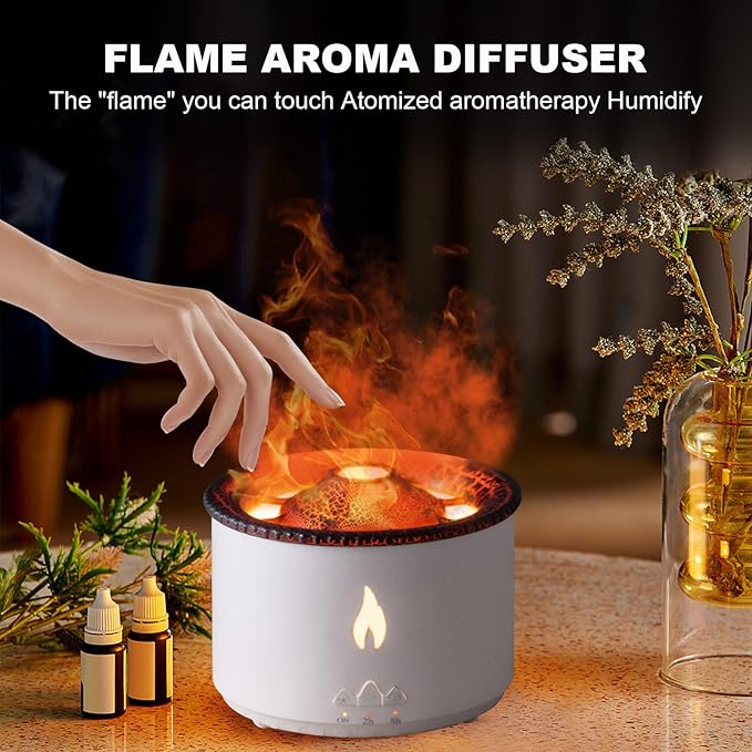Volcano Humidifier Flame Aroma Diffuser: Ultrasonic Essential Oil Scent Diffuser 300ml Large Capacity 2-in-1 Essential Oil Diffuser with Function Timer for Bedroom Home Office (No Remote Control)