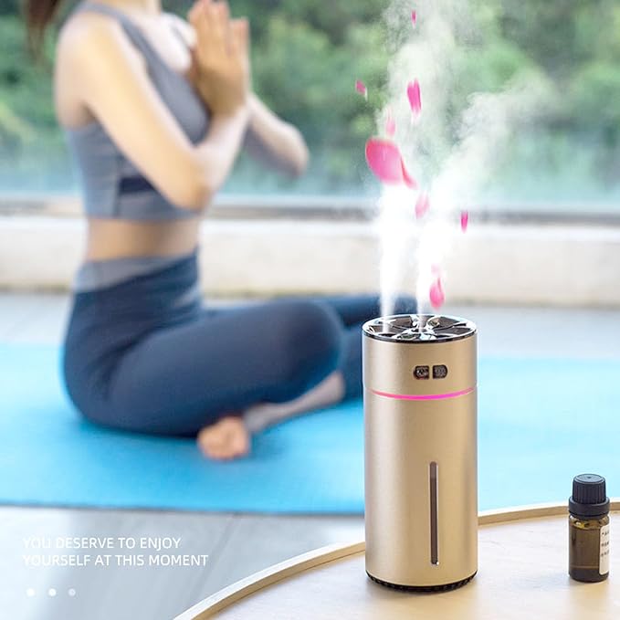 Portable Dual Spray Aromatherapy Diffuser and Humidifier with 300ml Water Tank for Smart Car Air Freshening (Gold)
