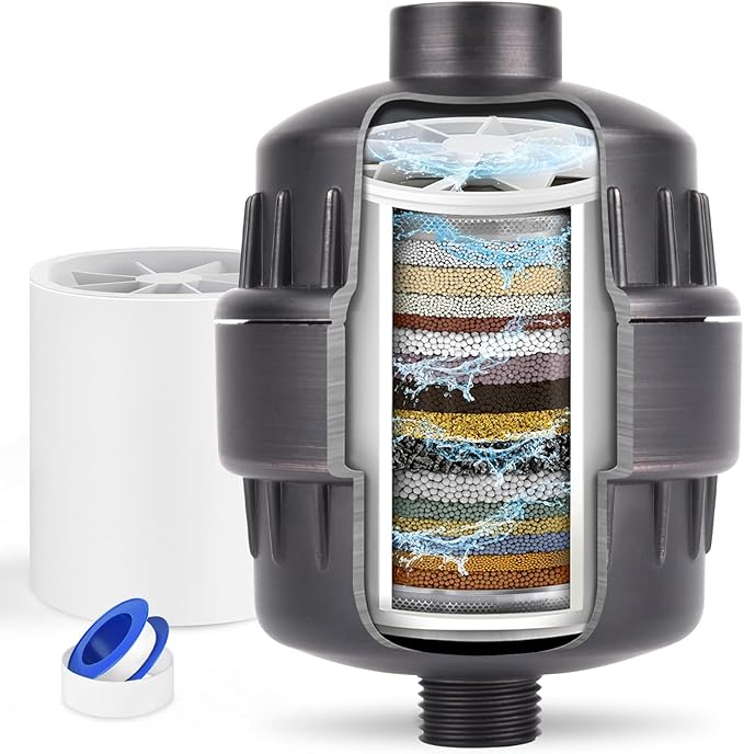 25 Stage Shower Head Filter for Hard Water, Shower Water Filter for Removing Chlorine and Fluoride, High Output Hard Water Shower Filter Improves on Skin Hair Nails, Bronze