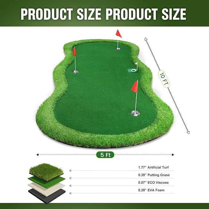Thickened Realistic Golf Putting Green, 5 x 10ft Professional Golf Practice Training Mat for Indoor Outdoor, 3 Holes, Long Challenging Game Green Mat for Children with Training Aid Put Cup