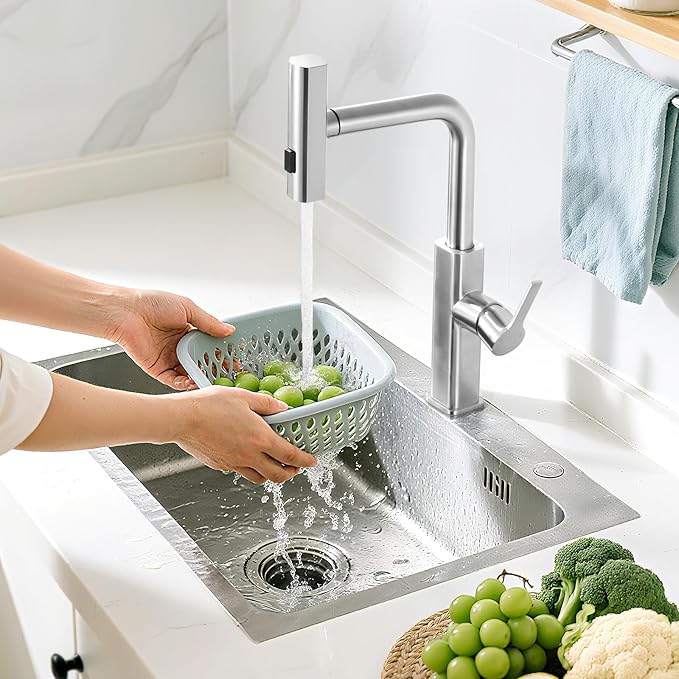 Kitchen Faucet with Pull Down Sprayer: ALEASHA Waterfall Kitchen Sink Faucet with 3 Function Pullout Sprayer, 360° Rotatable Single Hole Faucets for Modern RV/Bar, Single Handle, Brushed Nickel