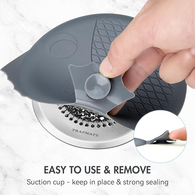 TRAPMATE Sink Drain Strainer & Stopper, Easy Clean Kitchen Sink Strainer with Stopper, Revolutionary Stainless Steel Drain Stopper Kitchen Sink Basket, Garbage Disposal Strainer for US Drain (Grey)