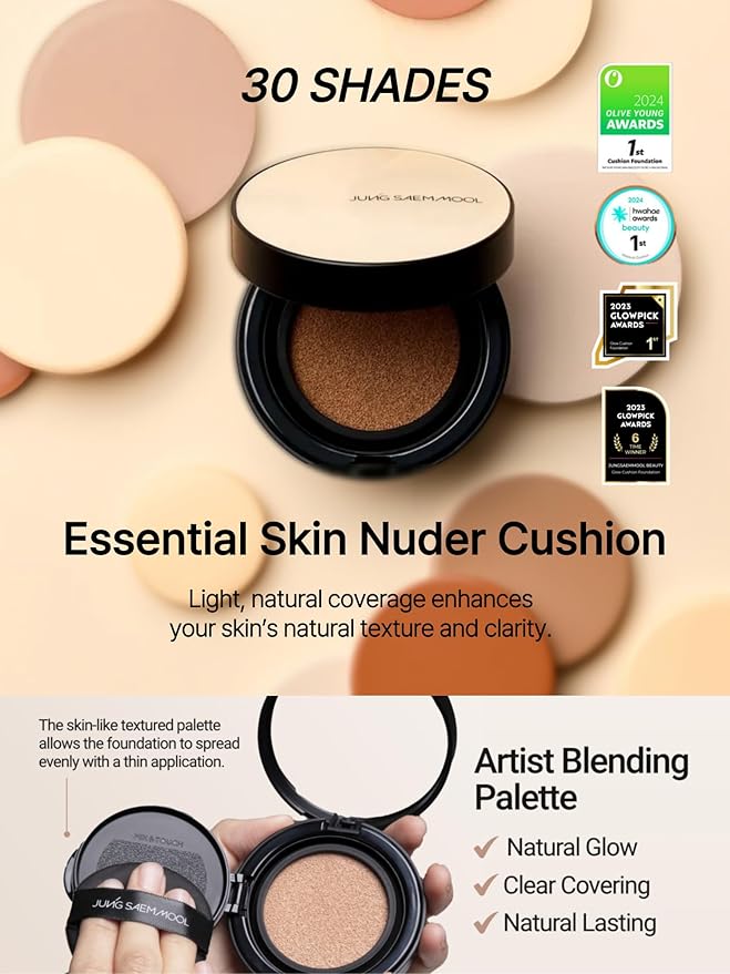 JUNG SAEM MOOL Essential Skin Nuder Cushion 36N Almond 0.49 Fl Oz, No Refill, Natural Radiant Finish Cushion Foundation with Buildable Coverage, Lightweight Texture, Korean Foundation Makeup-FlexoryFit