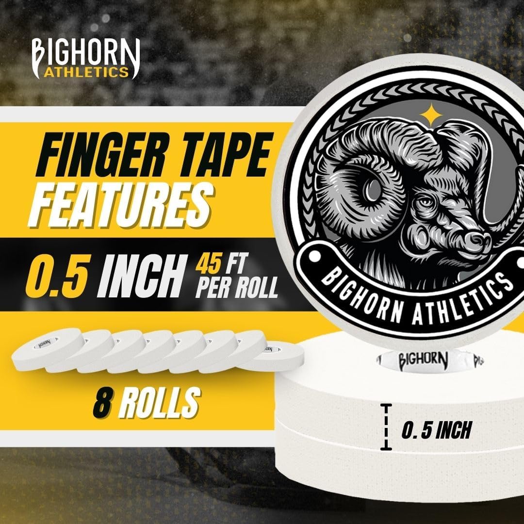 Bighorn Athletics Jiu Jitsu Finger Tape, Rock Climbing Tape | Multipurpose for Sports & Injuries: MMA, Volleyball, Football, Basketball, Tennis, Golf, Hands & Toes, 0.5-Inch x 45-feet, 8-Rolls, White