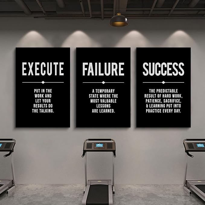 Framed Canvas Wall Art Success Quote, Office Wall Art, Black Large Poster, Positive Motivational Set of 3 Prints, Execute Failure Definition, Inspirational Print (A-3pcs,20x30inchx3pcs)-FlexoryFit