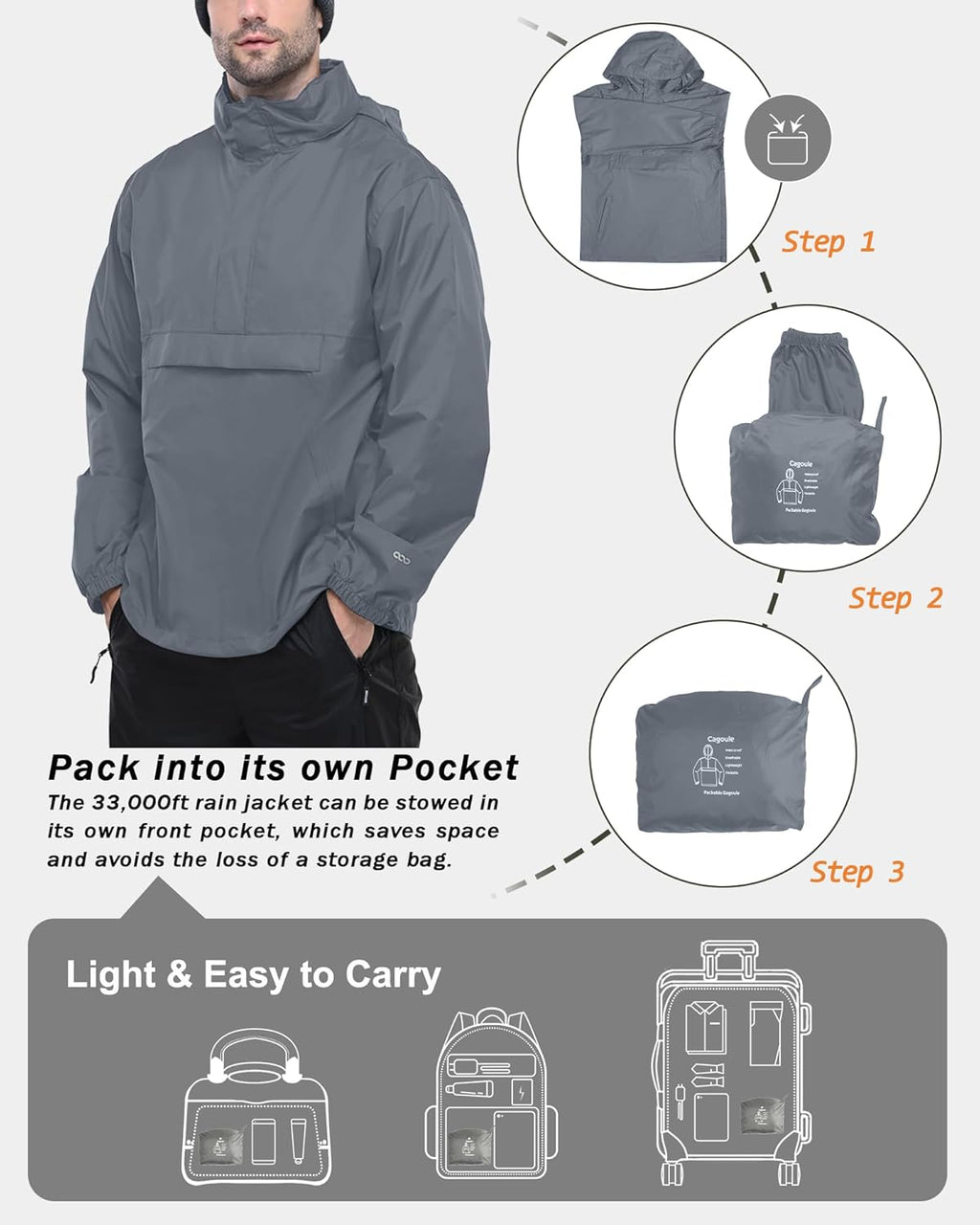 33,000ft Men's Pullover Rain Jacket Waterproof with Hood Lightweight Packable Raincoat Windbreaker for Golf Travel