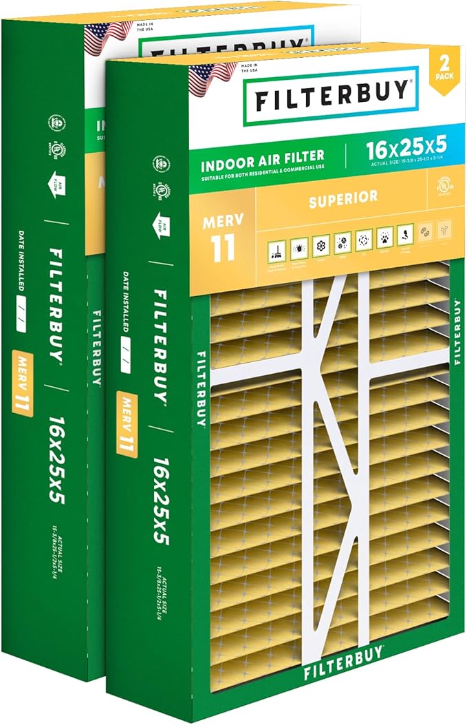 Filterbuy 16x25x5 Air Filter MERV 11 Allergen Defense (2-Pack), Pleated HVAC AC Furnace Air Filters for Amana, Coleman, Goodman, Maytag, York, and More (Actual Size: 15.38 x 25.50 x 5.25 Inches)