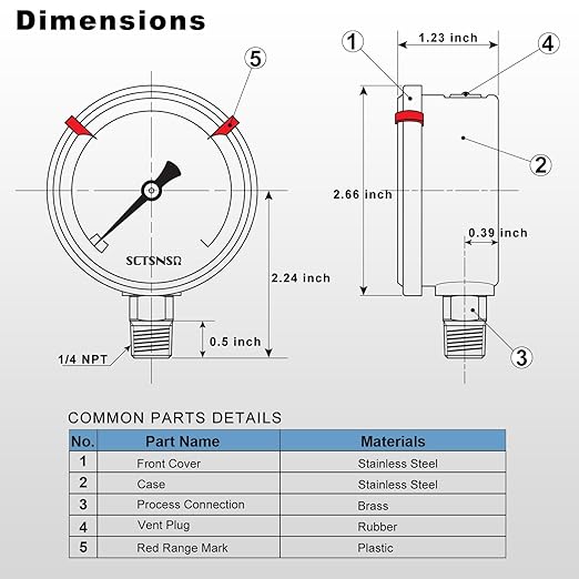 -30 inHg to 0 Vacuum Pressure Gauge, Glycerin Liquid Filled, 2.5 inch Dial - Image 6