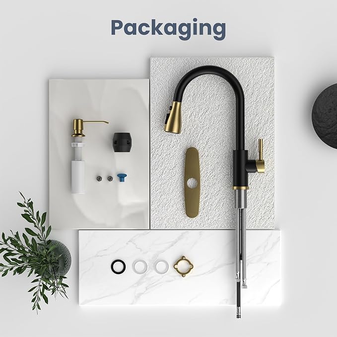 APPASO Black and Gold Kitchen Faucet, Stainless Steel Kitchen Sink Faucets with Soap Dispenser and Pull Down Sprayer 3 Modes, High Arch Single Handle Matte Black with Deck Plate for 1 to 4 Holes Sink