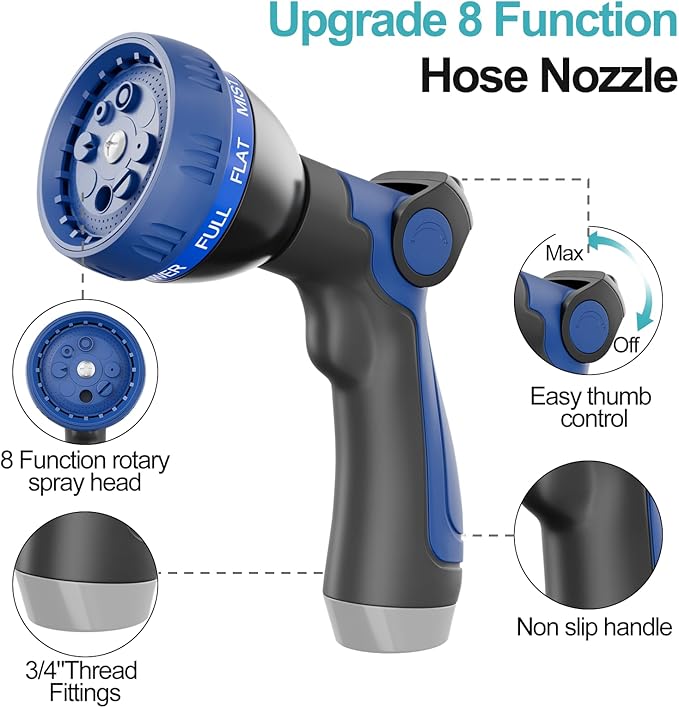 50ft 304 Stainless Steel Garden Hose Metal, Heavy Duty Water Pipe with Nozzles for Yard, Outdoor - Flexible, Never Kink & Tangle, Puncture Resistant (Sky Blue)