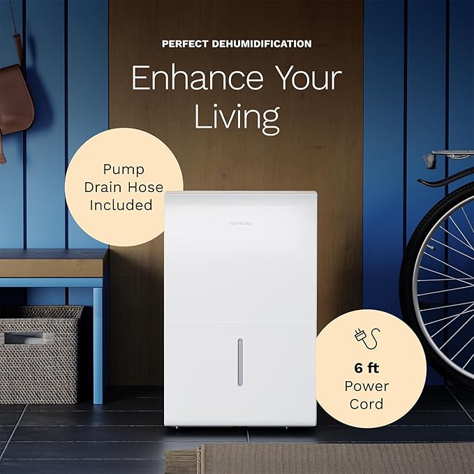 hOmeLabs 50 Pint Wi-Fi Dehumidifier with Pump for up to 7,000 Sq Ft (MAX 120 Pint at 95°F, 90% RH) – High Capacity Moisture Removal for Large Rooms, Offices, and Basements