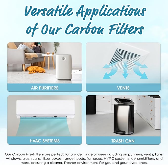 Breathe Naturally Universal Cut To Fit Carbon Activated Air Filter - Replacement Charcoal Filters - Pre Filter Carbon Sheet for Air Purifier, Vent Filters & More - Made in USA (Pack of 2, 10x48)