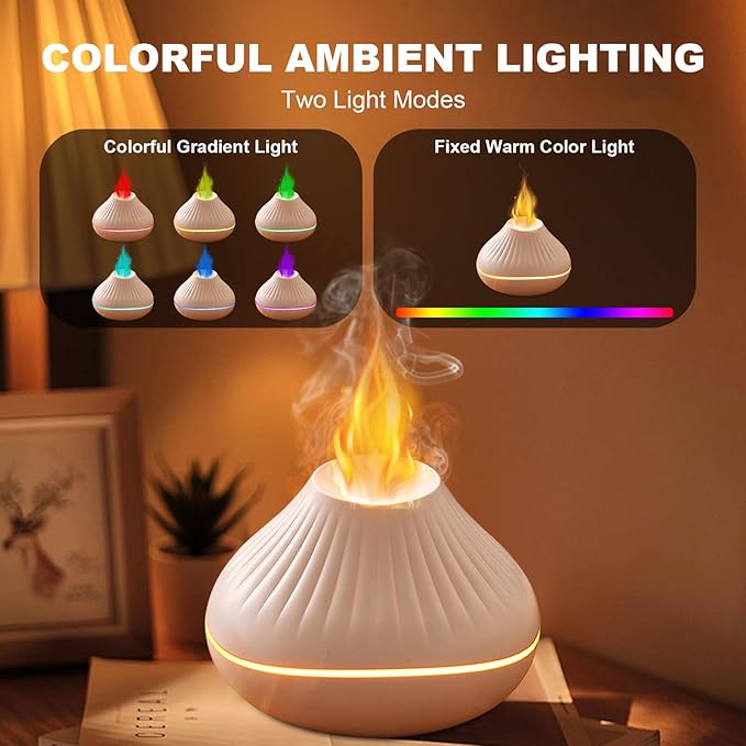 Colorful Fire Flame Diffuser: Ultra-Quiet 160ml Volcano Humidifier Aromatherapy Essential Oil Cool Mist Diffusers with 7 Flame Colors Timeable for Bedroom, Office (White)