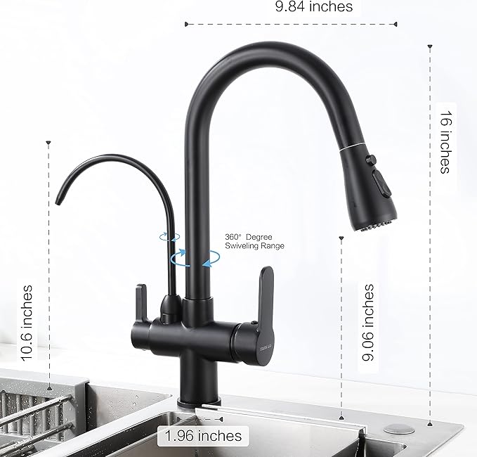 HUAHUALALA Matte Black Kitchen Sink Faucets with Pull Down Sprayer,Drinking Water Faucet,Modern Dual Handle 3-in-1 High Arc Water Filter Purifier Faucet for Reverse Osmosis or Water Filtration System