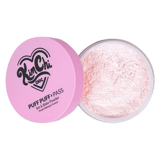 Kimchi Chic Beauty Puff Puff Pass Set and Bake Setting Powder for Makeup, Extra Fluffy Loose Face Powder Poof, Soft Natural Face Makeup for Uneven Skin Tone, 09 Pink-FlexoryFit