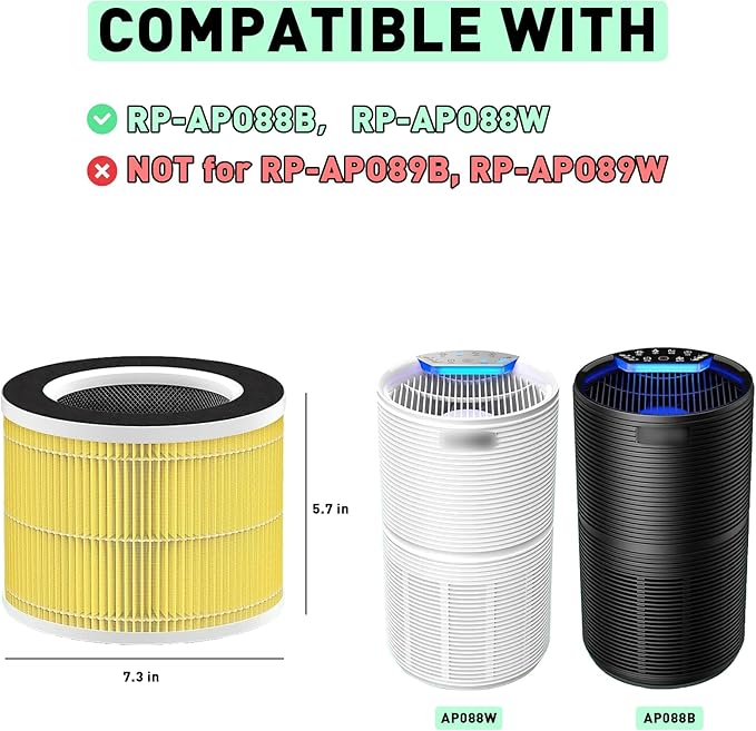 RP-AP088-F1 Compatible Replacement Filter for RENPHO RP-AP088W/RP-AP088/RP-AP088B Air Purifier | 5-Stage High-Efficiency H13 True HEPA Activated Carbon Filter | 2-Pack