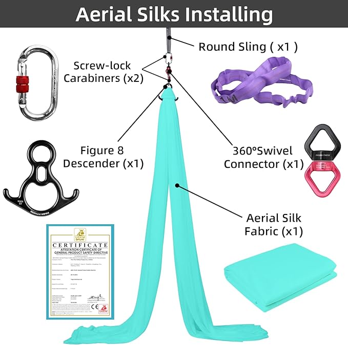 PRIOR FITNESS Aerial Silks Kit Colorful 9/15/20 Yards 40D Nylon Fabric Hammock Set With Hardware & Guide for All Levels Of Aerial Yoga Practice and Acrobatic Flying For Adults Aerial silk-FlexoryFit