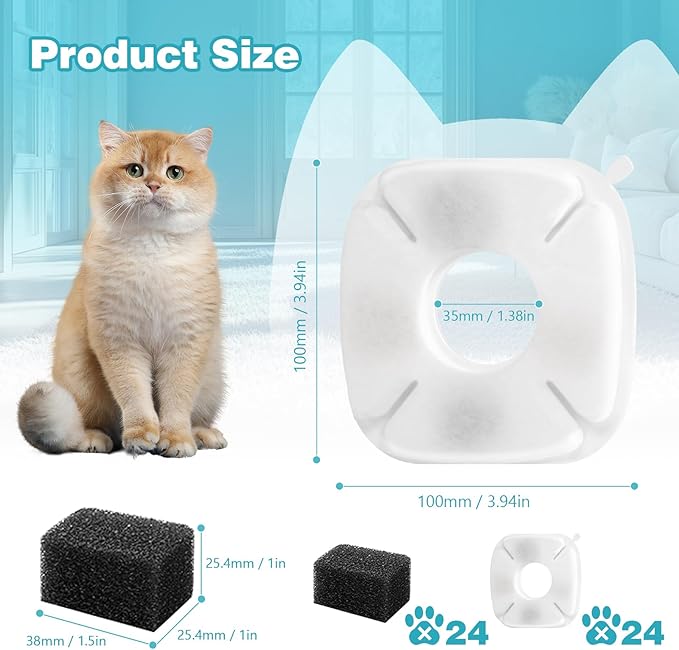 48 Pcs Cat Water Fountain Filters for Veken 95oz, 67oz, 135oz Dog & Cat Fountain, 24 Pack Replacement Filters & Pre-Filter Sponges for Automatic Pet Fountain, Keeps Water Fresh & Clean