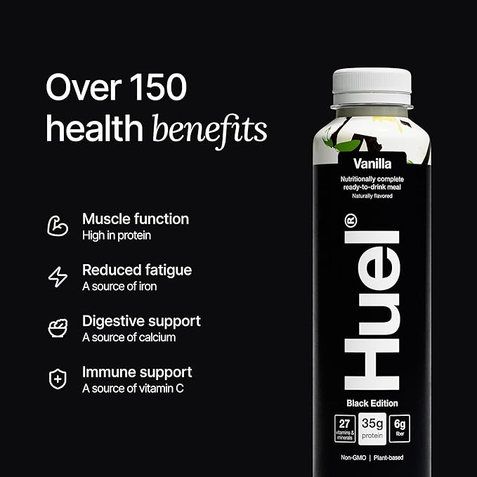 Huel Black Edition Ready-to-Drink | Vanilla Meal Replacement Shake | 35g High Protein Drink | 27 Vitamins & Minerals, Vegan, Gluten Free | Plant Based | High Fiber, Low Sugar | 16.9 Fl Oz, 12 Pack-FlexoryFit