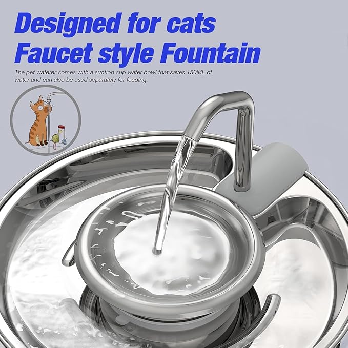 Cat Water Fountain,108oz/3.2L Stainless Steel Cat Fountain and Removable Water Bowl,Pet Fountain with Water Level Window,Quiet Pump,Multi-Filter, Water Tap, Provides Flowing,for Dog Cats