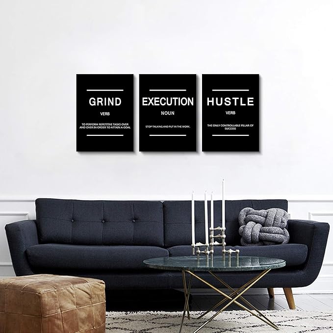 Framed Canvas Wall Art Success Quote, Office Wall Art, Black Large Poster, Positive Motivational Set of 3 Prints, Execute Failure Definition, Inspirational Print (B-3pcs,12x16inchx3pcs)-FlexoryFit