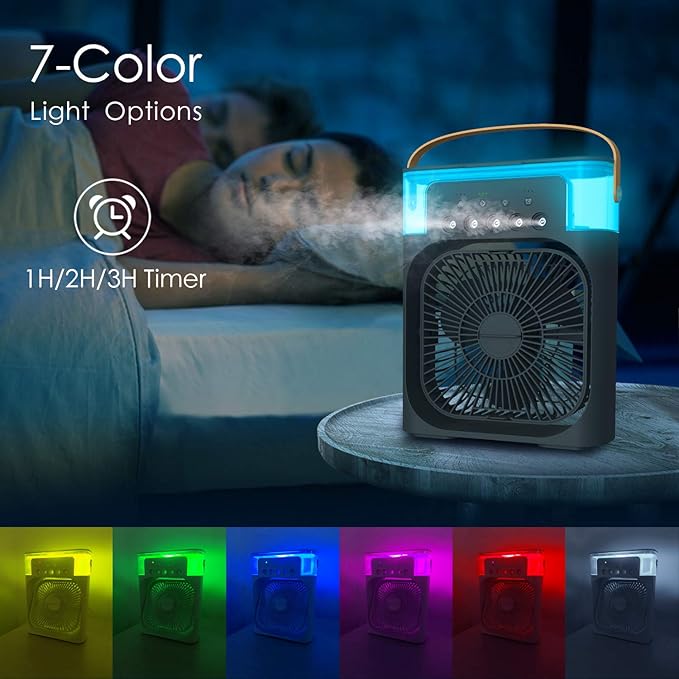 Personal Air Cooler, Portable Air Conditioner Fan, Mini Evaporative Cooler with 7 Colors LED Light, 1/2/3 H Timer, 3 Wind Speeds and 3 Spray Modes for Your Desk, Nightstand, or Coffee Table