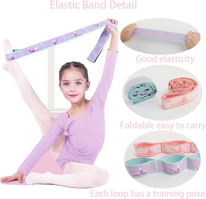 2pcs Stretch Strap for Kids,Elastic Yoga Stretching Strap with Loops, Multi-Loop Adjustable Exercise Stretching Bands，Stretching Resistance Ballet Bands for Dance, Latin, Gymnastics Exercis -8Loops-FlexoryFit