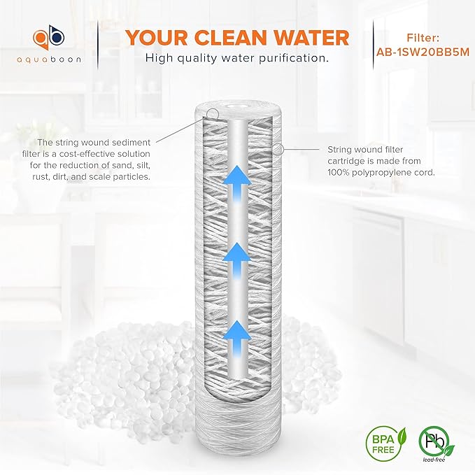 Aquaboon 5 Micron 20 x 4.5 Whole House String Wound Water Filter Replacement Cartridge for Well Water Filtration Compatible with WP5BB20P, 2-Pack
