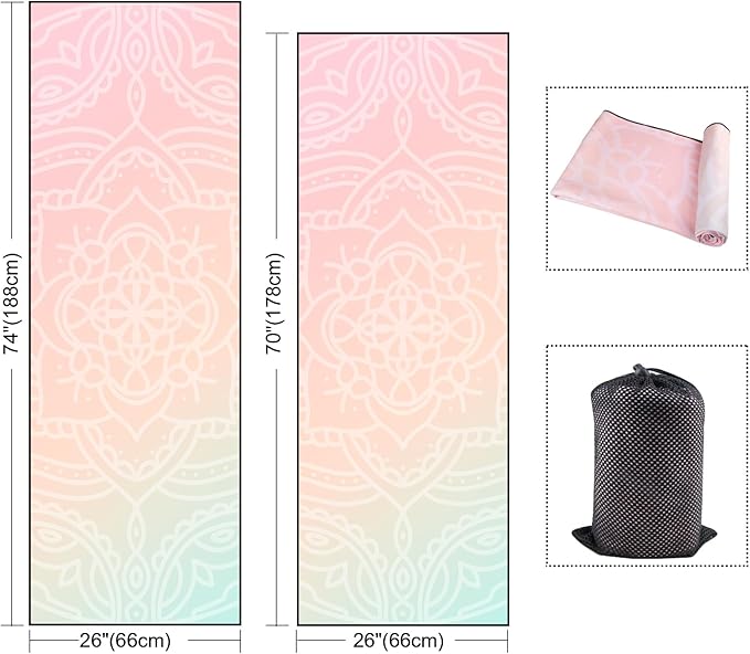 QiyI Yoga Mat Towel with Corner Pockets, Non Slip Sweat Absorbent Hot Yoga Towels, Soft Yoga Blankets with Travel Bag, Skidless Mat Cover for Workout, Gym, Fitness - 70"x26", Dreamy Pink Mandala-FlexoryFit