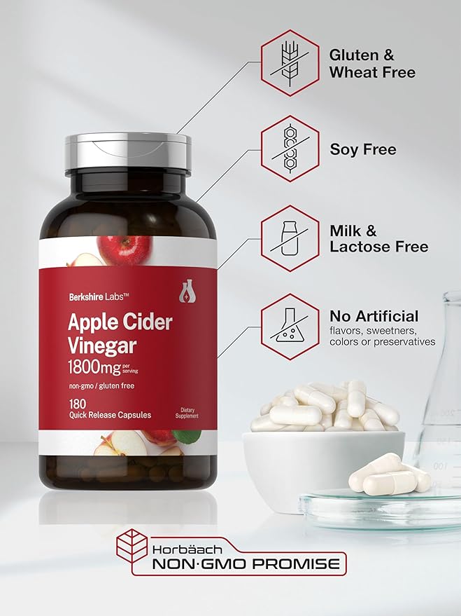 Horbaach Apple Cider Vinegar Capsules | 1800mg | 180 Count | Non-GMO, Gluten-Free Supplement | by Berkshire Labs-FlexoryFit