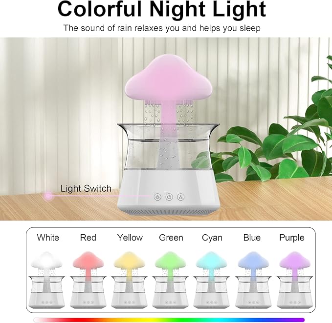 Cloud Rain Humidifier for bedroom with Soothing Rain Sounds - Bedroom Sleep Aid, Waterfall Night Light, Mushroom Design Air Moisturizer for bedroom and living room (White)