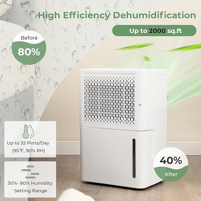 COSTWAY 2000 Sq. Ft Dehumidifier for Basement, 32 Pint Quiet & Energy Efficient Dehumidifier with Continuous/Drying/Auto Mode, 24H Timer, Drain Hose & Portable Handle for Bathroom Bedroom