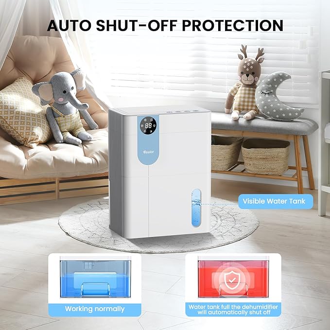 Dehumidifier, VEWIOR 152 OZ Dehumidifiers for Home, (900 sq.ft) Quiet Dehumidifier for Basement with Large Water Tank, Dehumidifiers for Bathroom Bedroom RV Closet with Auto Shut Off and Night Light