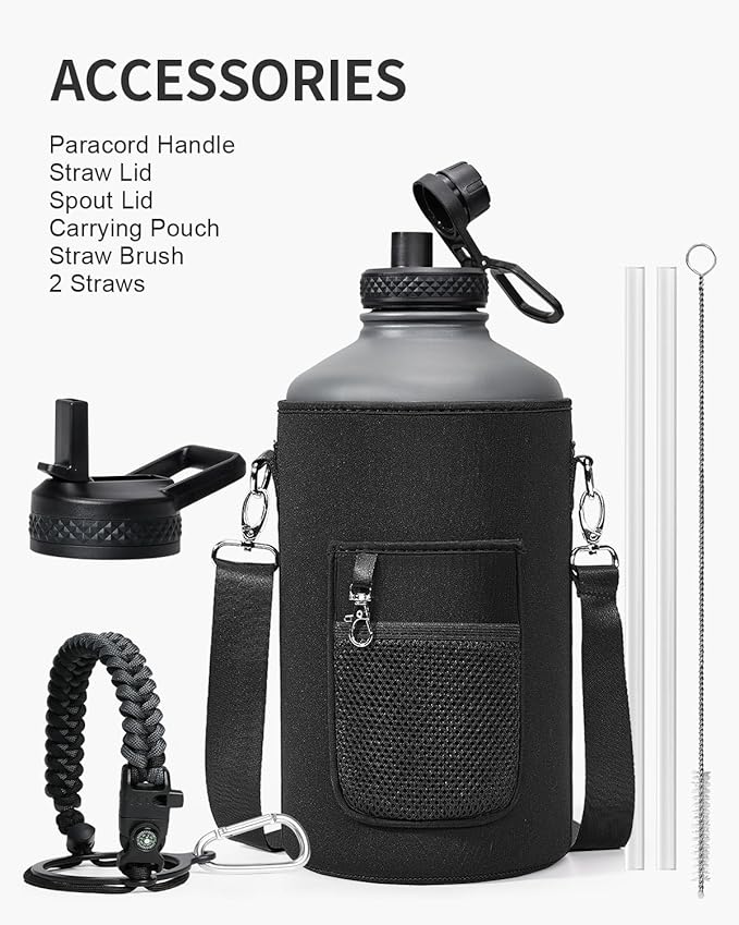 128 oz Insulated Water Bottle,One Gallon Water Flask Stainless Steel Vacuum, Cold for 48 Hrs,BPA-Free & Leakproof -with Paracord Handle, Strap,Straw Spout Lids,Large Jug for Gym,Grey-FlexoryFit