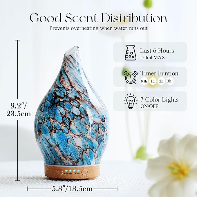 Porseme 100ml Essential Oil Diffuser Glass Color Changing Aroma Air Diffusers Aromatherapy Ultrasonic Cool Mist Humidifier 4 Running Hours Waterless Auto-Off for Sleeping Yoga Office Spa (Light Blue)
