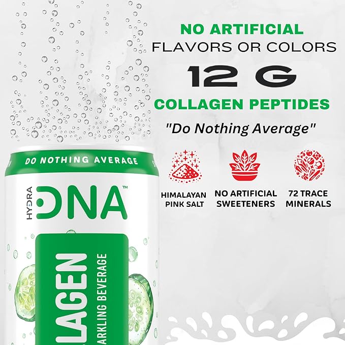 HYDRADNA- Sparkling Liquid Collagen Protein Water Drink Balanced Nutrients for Wellness - Sugar-Free - Keto-Friendly - No Gluten (12 Pack) Cucumber Lime-FlexoryFit