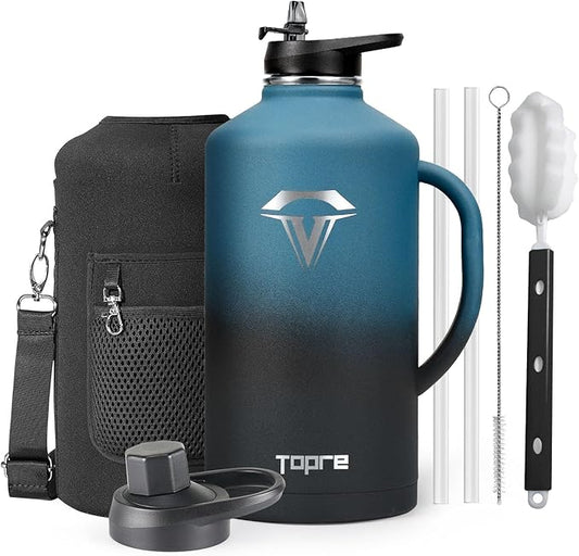 128 oz Stainless Steel Water Bottle with Handle and Carry Pouch, One Gallon Insulated Mug Tumbler with Straw Lid Spout Lid,Reusable Metal Water Bottle Jug Flask Cup,Keep Cold & Hot,Indigo Black-FlexoryFit