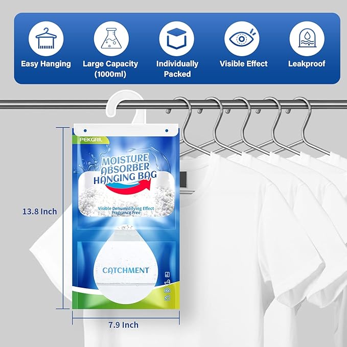 PEKGRIL Moisture Absorber Bags 10 Packs, 15 oz Hanging Dehumidifier Bags, Humidity Packs for Closet, Bathroom, Kitchen, 420g/Pack