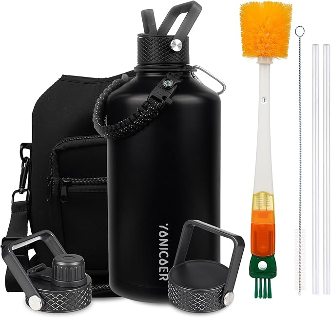 Insulated Water Bottle 64oz,Triple Wall Vacuum Stainless Steel(Dishwasher Safe),Leak Proof & Non-BPA,Flask Jug with Paracord Handle & Straw Spout Lids Sports-FlexoryFit