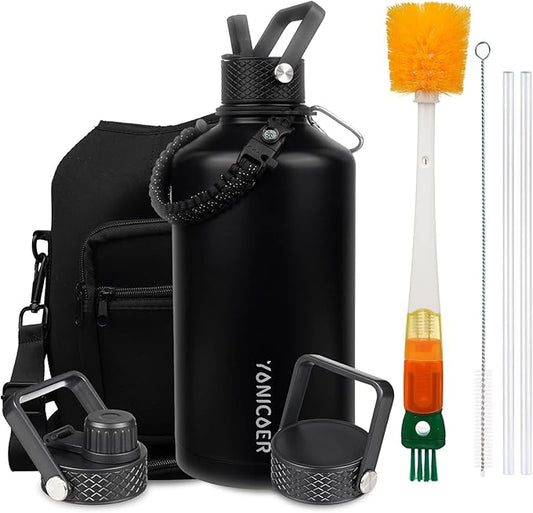 Insulated Water Bottle 64oz,Triple Wall Vacuum Stainless Steel(Dishwasher Safe),Leak Proof & Non-BPA,Flask Jug with Paracord Handle & Straw Spout Lids Sports-FlexoryFit