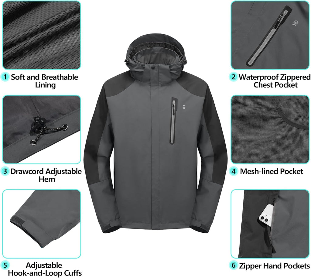 Little Donkey Andy Men's Waterproof Rain Jacket Outdoor Lightweight Hooded Raincoat for Hiking Golf Travel Fishing