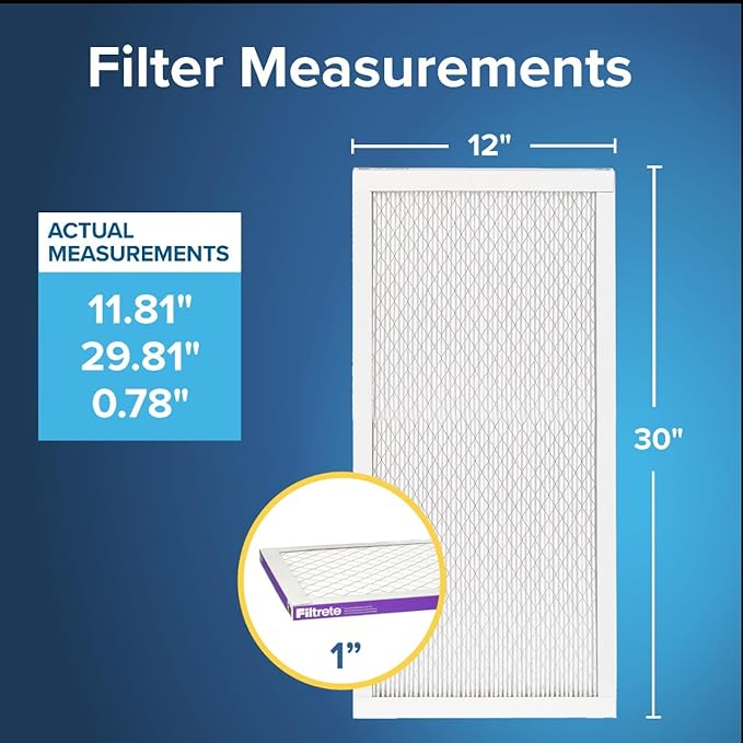 Filtrete 12x30x1 AC Furnace Air Filter, MERV 12, MPR 1500, CERTIFIED asthma & allergy friendly, 3 Month Pleated 1-Inch Electrostatic Air Cleaning Filter, 6-Pack (Actual Size 11.81x29.81x0.78 in)