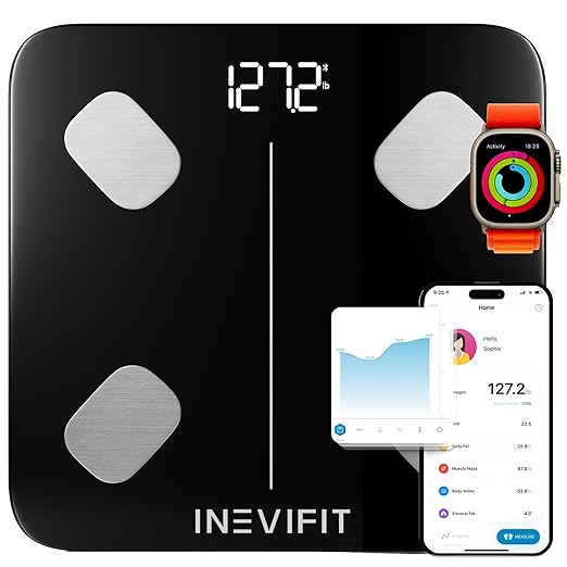 INEVIFIT Smart Body Fat Scale, Highly Accurate Bluetooth Digital Bathroom Body Composition Analyzer, Measures Weight, Body Fat, Water, Muscle, Visceral Fat & Bone Mass for Unlimited Users (Eco-Blk)-FlexoryFit
