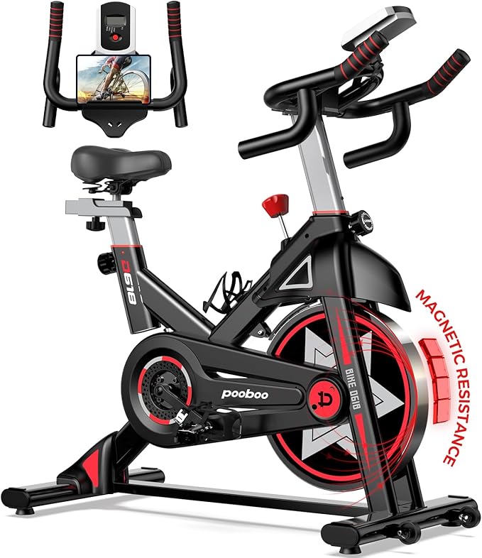 POOBOO Exercise Bike, Stationary Bike for Home Gym, Indoor Cycling Bike w/Comfortable Seat Cushion & Tablet Mount, Silent Belt Drive Indoor Bike for Cardio Workout-FlexoryFit